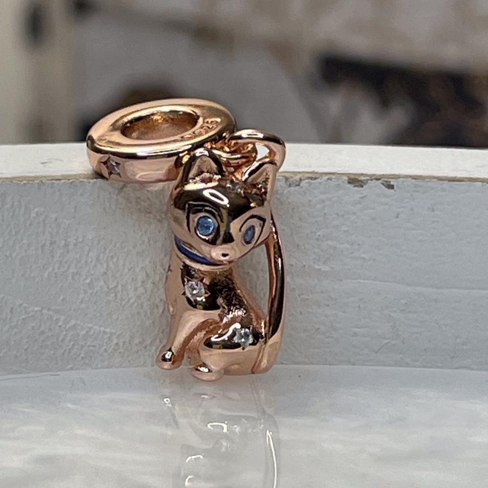 Bracelet Charm Rose Gold Cat with Blue Bow & Rhinestones